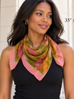 Express Floral Square Scarf in Coral and Olive 35" x 35"